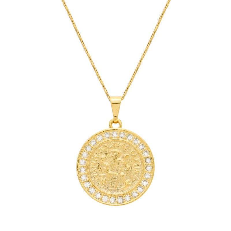 Colar Dourado Medalha São Miguel Arcanjo Cravejado de Zircônia