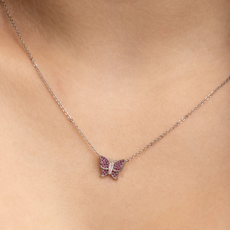 Conjunto Prateado de Borboletas Cravejado de Zircônia Rosa