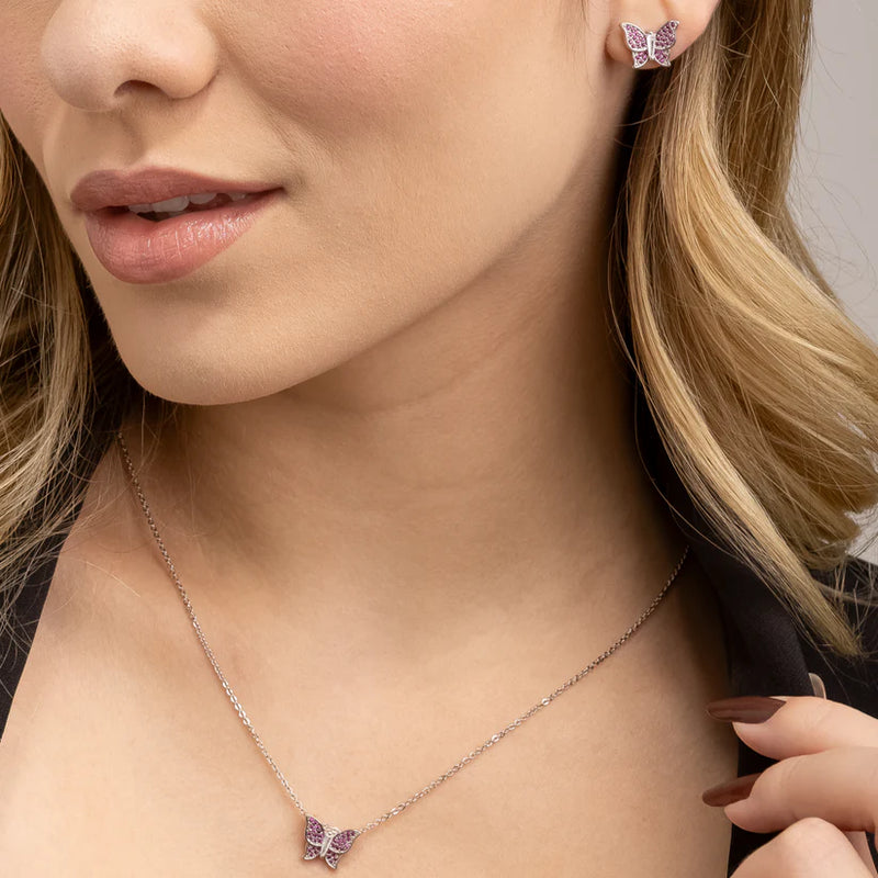 Conjunto Prateado de Borboletas Cravejado de Zircônia Rosa